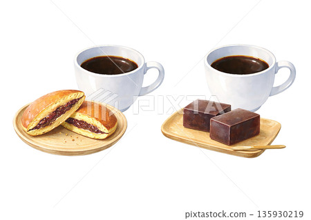 咖啡和銅鑼燒/羊羹日式點心插畫休息時間素材 135930219
