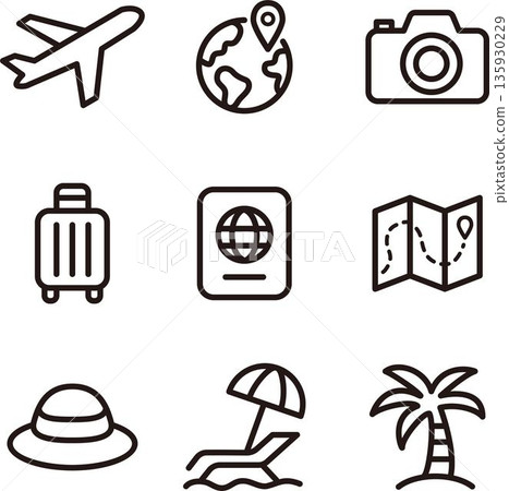 Travel icon set. Black line icons such as airplane, passport, suitcase, etc. Travel icon set. Black line icons such as airplane, passport, suitcase, etc. 135930229