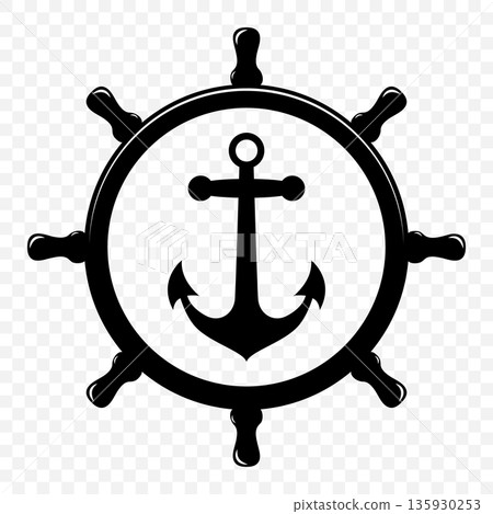 Vector Vintage Anchor and Ship Wheel Silhouette. Nautical Marine Helm Icon, Retro Captain Tattoo Design, Sailing Club Logo, Maritime Adventure Emblem, Sea Navigation Symbol, Classic Ship Wheel Vector Vintage Anchor and Ship Wheel Silhouette. Nautical Marine Helm Icon, Retro Captain Tattoo Design, Sailing Club Logo, Maritime Adventure Emblem, Sea Navigation Symbol, Classic Ship Wheel 135930253
