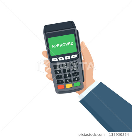 Hand Holding POS Terminal for Contactless Payment, Flat Cartoon Vector Illustration. NFC Card Reader Device. Mobile Checkout in Store. Cashless Transaction. POS Terminal with Approved Status 135930254