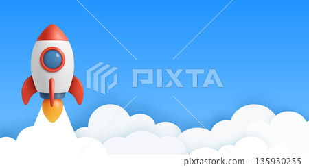 Rocket Launch Banner with Copy Space, Vector 3d Minimal Banner. Startup Space Travel Header, App UI Background. Red and White Rocket Launch on Blue Sky Clouds Rocket Launch Banner with Copy Space, Vector 3d Minimal Banner. Startup Space Travel Header, App UI Background. Red and White Rocket Launch on Blue Sky Clouds 135930255