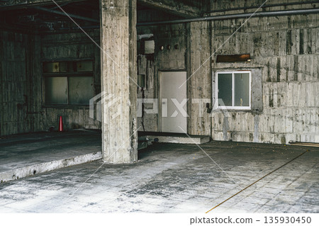 Concrete ruins interior, inorganic space of old building, grunge background 135930450