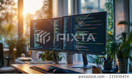computer with multiple monitors displaying code in a dimly lit environment, suggesting a focus on programming or software development., 135930454