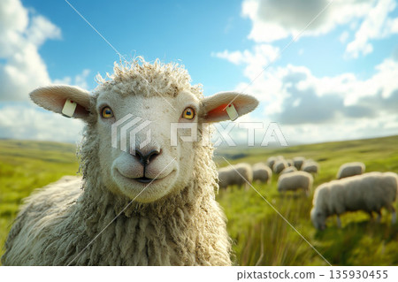 presence of both livestock and meadows represents harmonious relationship between happy sheep, lush fields, and crucial role they play in agriculture and pastoral customs. 135930455