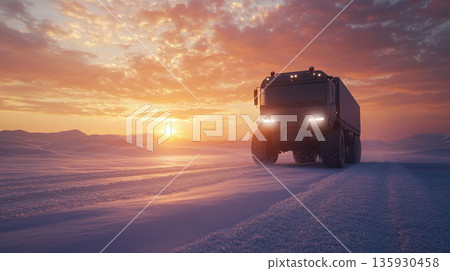 truck logistic on snowy road through winter at sunset. 135930458