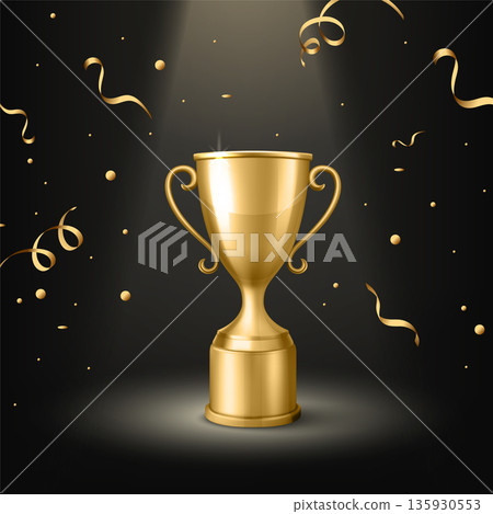 Vector 3d Golden Trophy Cup Award on Black Background with Confetti. Winner Prize for Championship and Success Celebration. Competition, Ceremony, Achievement Concept 135930553