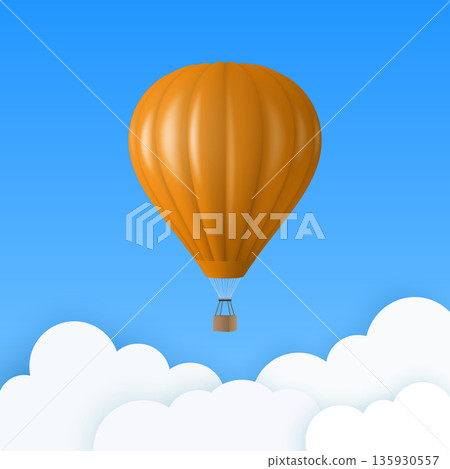 Vector Travel Banner with 3d Realistic Orange Hot Air Balloon Icon on a Blue Sky Background, Front View. Design Template, Summer Vacation, Travelling, Tourism and Journey Concept 135930557