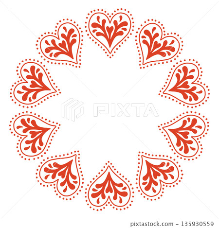 Whimsical vector illustration of a circular frame made of decorative folk style hearts. Cute hand drawn doodle design in red and white, perfect for Valentines Day cards, invitations, posters. Whimsical vector illustration of a circular frame made of decorative folk style hearts. Cute hand drawn doodle design in red and white, perfect for Valentines Day cards, invitations, posters. 135930559