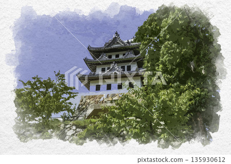 Watercolor painting of Sumoto Castle ruins, castle tower, Sumoto City, Hyogo Prefecture 135930612