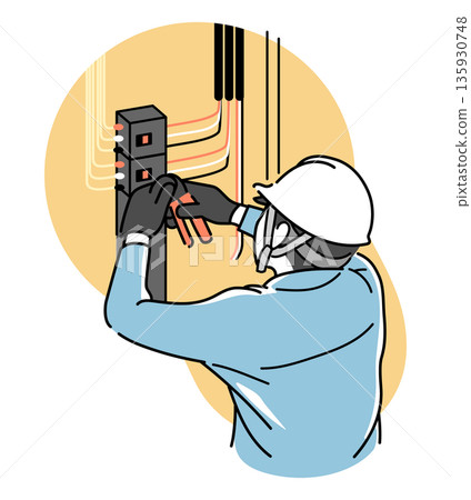Workers installing a distribution board 135930748