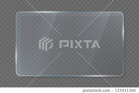 Glass panel on transparent background. Clean rectangle window with reflection. Rounded transparent element for ui design. Modern interface template. Realistic glass plate. Vector illustration 135931300