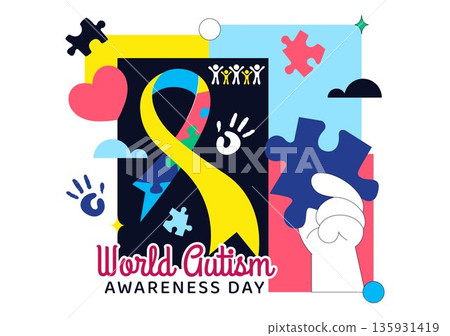 World Autism Awareness Day Vector Illustration Featuring Puzzle Ribbon on Healthcare Flat Background Design 135931419