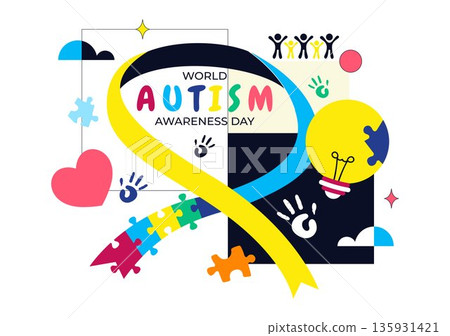 World Autism Awareness Day Vector Illustration Featuring Puzzle Ribbon on Healthcare Flat Background Design 135931421