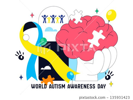 World Autism Awareness Day Vector Illustration Featuring Puzzle Ribbon on Healthcare Flat Background Design 135931423