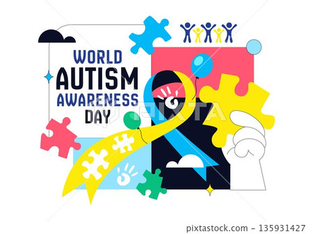 World Autism Awareness Day Vector Illustration Featuring Puzzle Ribbon on Healthcare Flat Background Design 135931427