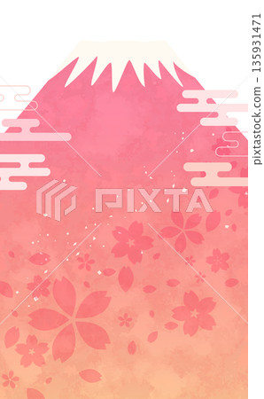 粉紅色富士山插圖，帶有櫻花圖案_豎版 2 135931471
