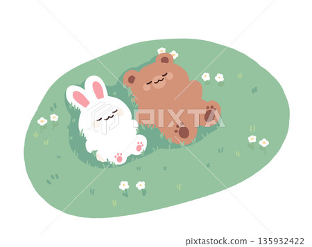 Illustration of a cute rabbit and bear lying down 135932422