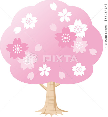A cherry blossom tree in full bloom and falling petals. A Japanese-style illustration of cherry blossoms that decorates cherry blossom viewing and entrance ceremonies. 135932521