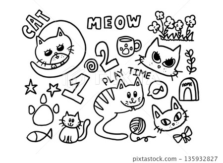 Hand drawn cat outline illustrations with flowers, paw, cat home, mug, cat's toy, MEOW letter for decoration, kitten cartoon, characters, comic, colouring book, art, sketch, stickers, tattoo, pet, vet 135932827