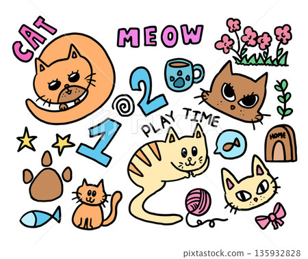 Hand drawn cat illustrations with flowers, paw, cat home, mug, cat's toy, MEOW letter for decoration, kitten cartoon, characters, comic, colouring book, art, sketch, stickers, tattoo, pet, vet, animal Hand drawn cat illustrations with flowers, paw, cat home, mug, cat's toy, MEOW letter for decoration, kitten cartoon, characters, comic, colouring book, art, sketch, stickers, tattoo, pet, vet, animal 135932828