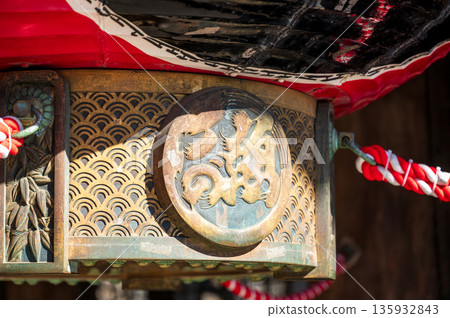 Metal ornaments and traditional pattern details found in Japanese temples 135932843