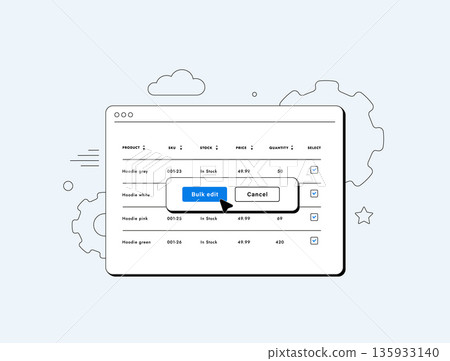 Inventory management dashboard with bulk edit feature for e-commerce products. SKU codes, stock status, price details, quantity levels and selection checkboxes, outline user interface illustration Inventory management dashboard with bulk edit feature for e-commerce products. SKU codes, stock status, price details, quantity levels and selection checkboxes, outline user interface illustration 135933140
