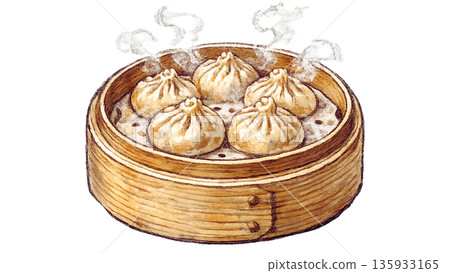 蒸籠裡蒸煮的小籠包插圖，源自上海的點心。 135933165