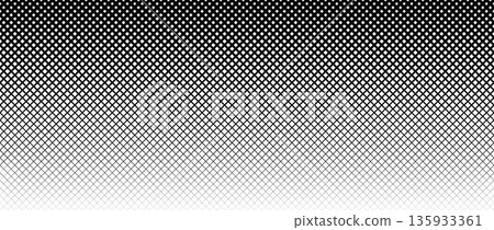 Thick to thin net pattern gradient. Fading grid gradation texture background. Black repeating mesh backdrop for overlay, print, cover, banner, poster. Squared line lattice wallpaper. Vector 135933361