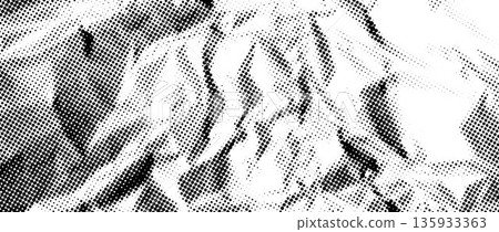 Aged halftone wrinkled foil texture. Dotted crumpled metallic overlay. Pixelated creasy surface in comic pop art style. Vector grain cartoon gritty paper wallpaper. Old rough creased bitmap background 135933363