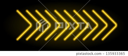 Yellow neon arrow element. Warm glowing led direction sign. Shine tube lamps in arrowhead shape. Bright luminous fluorescent pointer effect for banner, poster, logo. Vector neon led light illustration Yellow neon arrow element. Warm glowing led direction sign. Shine tube lamps in arrowhead shape. Bright luminous fluorescent pointer effect for banner, poster, logo. Vector neon led light illustration 135933365
