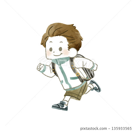 男孩背著書包奔跑──水彩畫 135933565