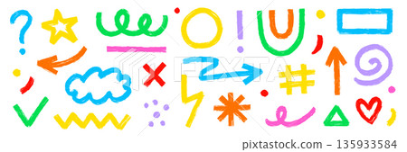 Brush stroke line abstract graphic shapes texture drawn paint set. Hand drawn sketch doodle scribble brush geometric kid color shape crayon. Abstract arrow, circle, zigzag vector Brush stroke line abstract graphic shapes texture drawn paint set. Hand drawn sketch doodle scribble brush geometric kid color shape crayon. Abstract arrow, circle, zigzag vector 135933584