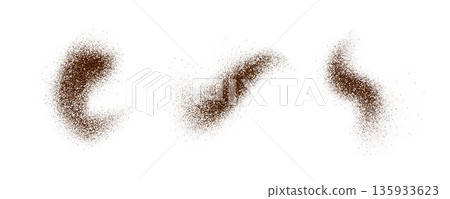 Brown chocolate powder bursts. Ground coffee beans textured piles. Flying spices seasoning particles splashes. Cocoa or cacao flakes scattered on surface. Dry spicy explosion set. Vector illustration Brown chocolate powder bursts. Ground coffee beans textured piles. Flying spices seasoning particles splashes. Cocoa or cacao flakes scattered on surface. Dry spicy explosion set. Vector illustration 135933623