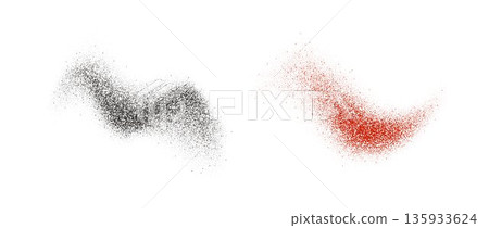 Black and red pepper powder splashes. Flying seasoning particles burst. Grey and pink dust dirt textured piles. Dry spices explosion. Salt and pepper flakes scattered on surface. Vector illustration 135933624