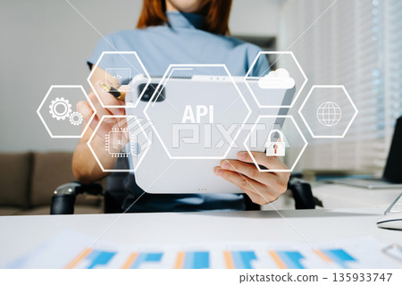 API Application Programming Interface, woman using laptop, tablet and smartphone with virtual screen API icon Software development tool, modern technology API Application Programming Interface, woman using laptop, tablet and smartphone with virtual screen API icon Software development tool, modern technology 135933747