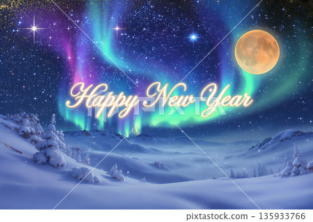 "Happy New Year" Aurora flickering above the snowy mountains ai 135933766