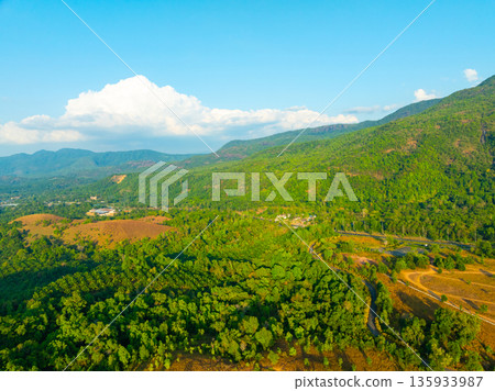 Aerial view mountains trees in ranong Thailand Aerial view mountains trees in ranong Thailand 135933987