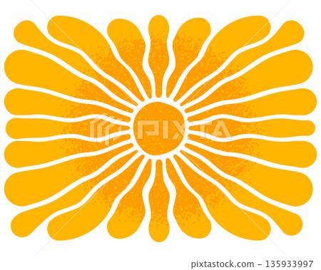 Groovy sun rays with gritty texture. Sunburst, sunrise or sunset wallpaper. Spring or summer theme background. Happy vibes concept. Modern funny print. Trendy hippy design. Vector flat illustration 135933997