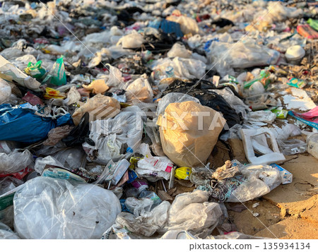 Large pile of plastic waste and garbage bags at an open dumpsite, highlighting plastic pollution, environmental damage, waste management problems, recycling crisis, sustainability issues, and global e Large pile of plastic waste and garbage bags at an open dumpsite, highlighting plastic pollution, environmental damage, waste management problems, recycling crisis, sustainability issues, and global e 135934134