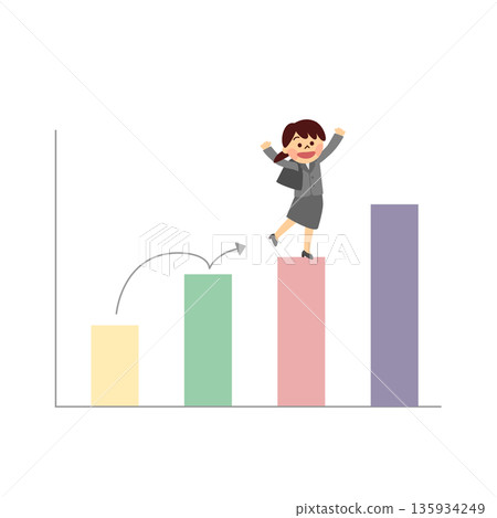 A woman in a suit running up a bar graph A woman in a suit running up a bar graph 135934249