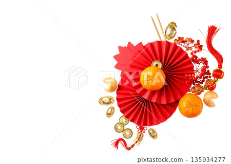 Bright red fan decorations with oranges and gold coins, isolated, PNG Bright red fan decorations with oranges and gold coins, isolated, PNG 135934277