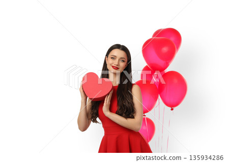 Woman in red dress with heart gift and balloons, isolated, PNG Woman in red dress with heart gift and balloons, isolated, PNG 135934286