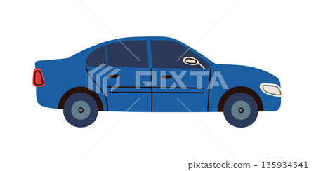 Blue passenger car vector illustration in flat cartoon style with simple friendly shapes. Cute vehicle for transportation and travel theme, kids education, automobile icon with playful everyday mood 135934341
