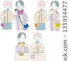 Illustration set of senior women enjoying traveling and eating 135934477