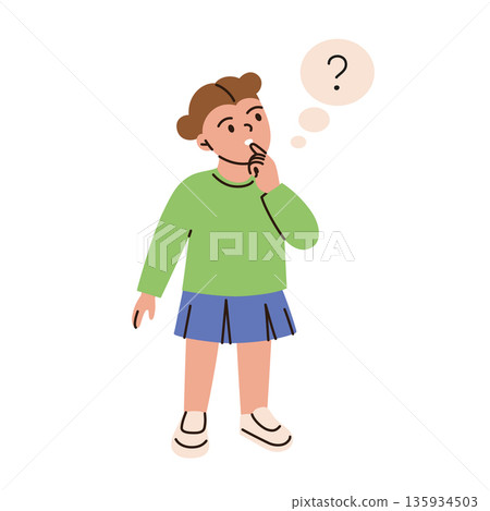 Girl thinking and asking question with speech bubble and question mark symbol. Flat cartoon vector illustration about curiosity, learning and reflection, child friendly concept for education themes Girl thinking and asking question with speech bubble and question mark symbol. Flat cartoon vector illustration about curiosity, learning and reflection, child friendly concept for education themes 135934503