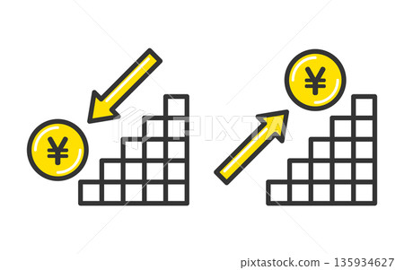 Illustration of rising and falling prices represented by a yen symbol and arrows Illustration of rising and falling prices represented by a yen symbol and arrows 135934627