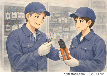 一位經驗豐富的工匠耐心地指導新來者如何做好他的工作。 135934704