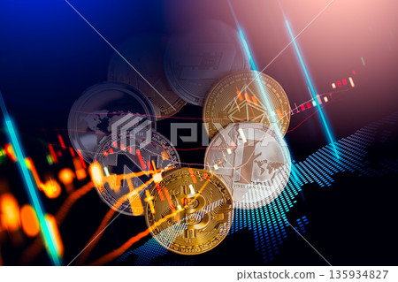 Modern way of exchange. Bitcoin is convenient payment in global economy market. Virtual digital currency and financial investment trade concept. Abstract cryptocurrency with gold bitcoin background. Modern way of exchange. Bitcoin is convenient payment in global economy market. Virtual digital currency and financial investment trade concept. Abstract cryptocurrency with gold bitcoin background. 135934827