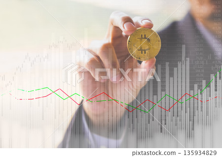 Modern way of exchange. Bitcoin is convenient payment in global economy market. Virtual digital currency and financial investment trade concept. Abstract cryptocurrency with gold bitcoin background. Modern way of exchange. Bitcoin is convenient payment in global economy market. Virtual digital currency and financial investment trade concept. Abstract cryptocurrency with gold bitcoin background. 135934829