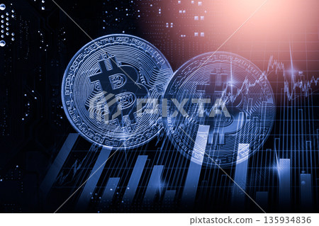 Modern way of exchange. Bitcoin is convenient payment in global economy market. Virtual digital currency and financial investment trade concept. Abstract cryptocurrency with gold bitcoin background. 135934836